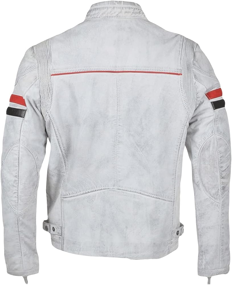 Mens Vintage Cafe Racer Retro White Motorcycle Red Black Stripes